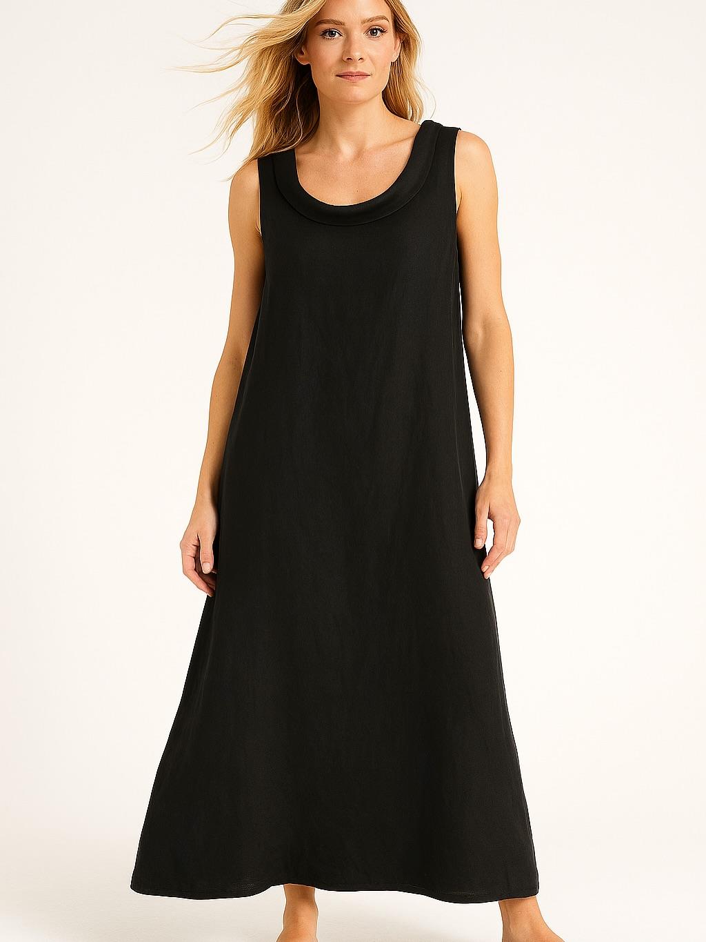 İtalyan Yaka Detaylı Keten Elbise - SİYAH