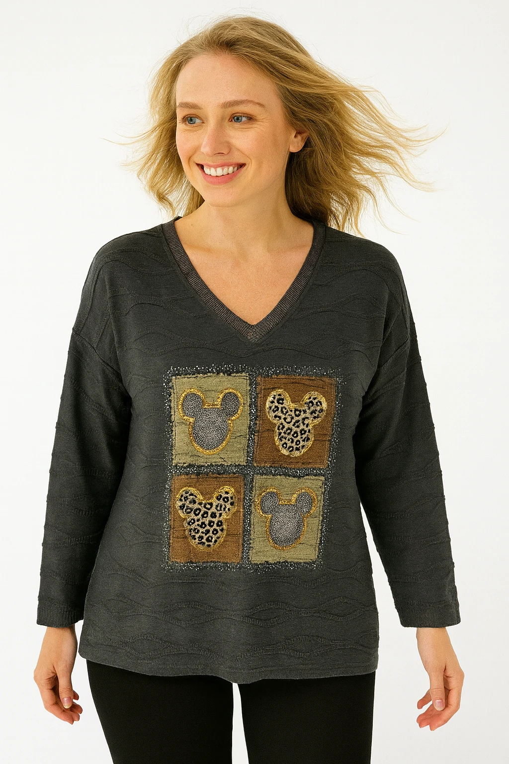 İtalyan Baskılı Triko Bluz - ANTRASİT