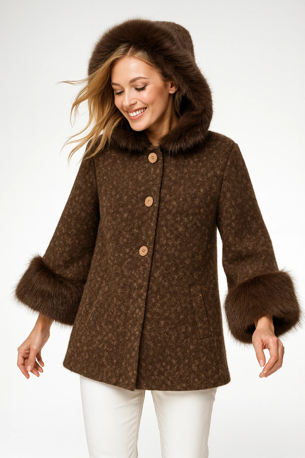 İtalyan Kürk Detaylı Keçe Kaban - KAHVERENGİ