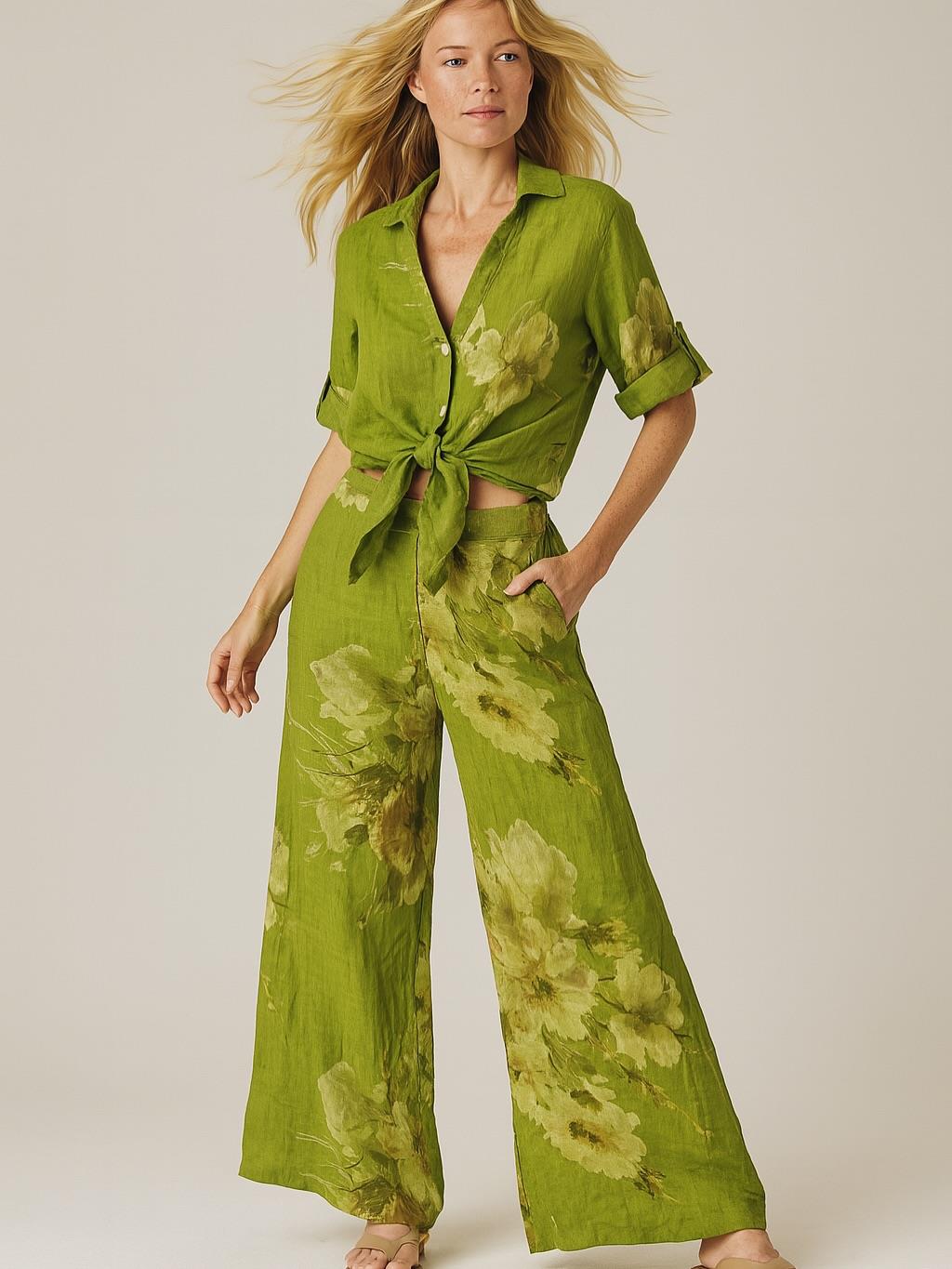 İtalyan Sırt Dantel Detaylı Keten Takım - YAĞ YEŞİLİ