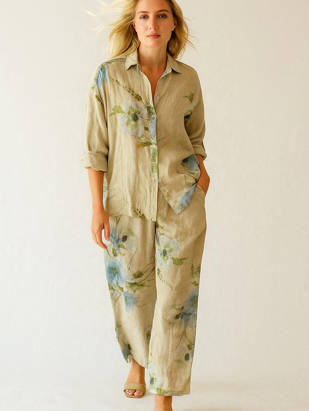 İtalyan Çiçek Desenli Keten Takım - BEJ