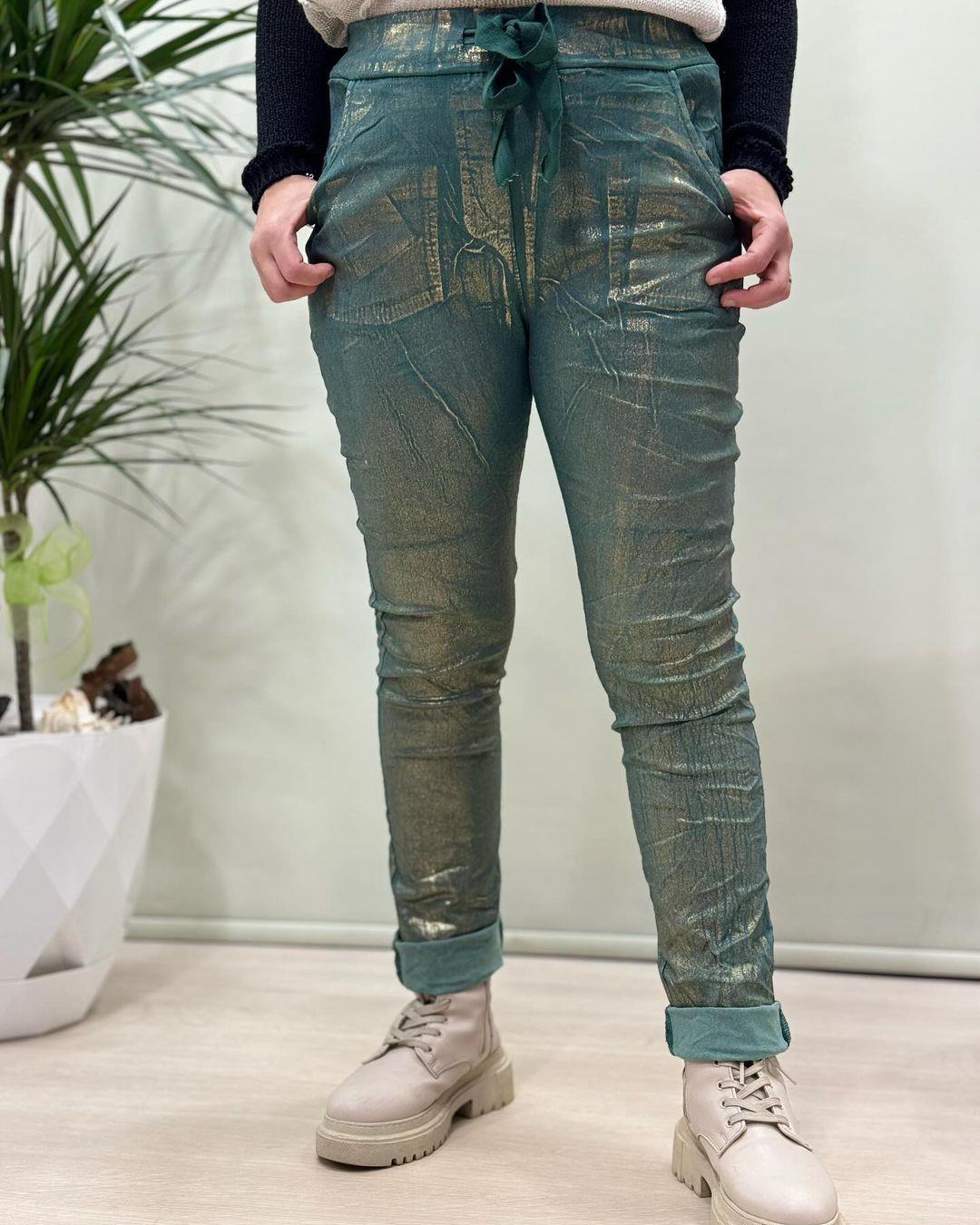 İtalyan Varak Baskılı Likralı Pantolon - SU YEŞİLİ