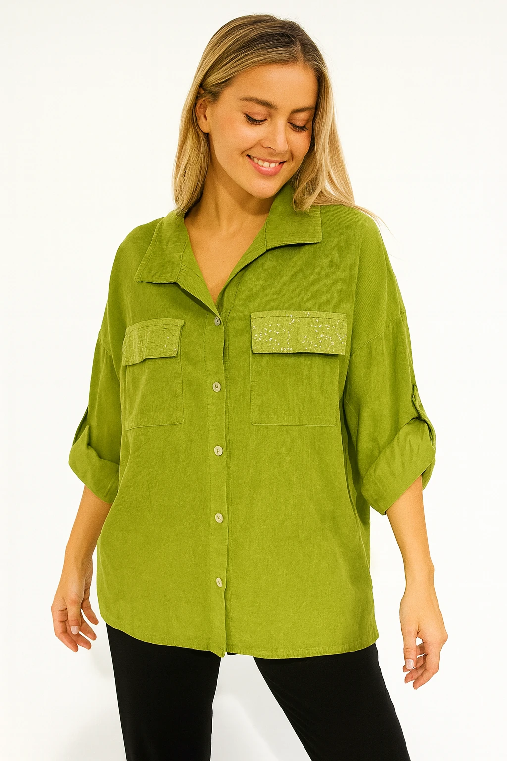 İtalyan Pul Payet Detaylı Kadife Gömlek - YEŞİL