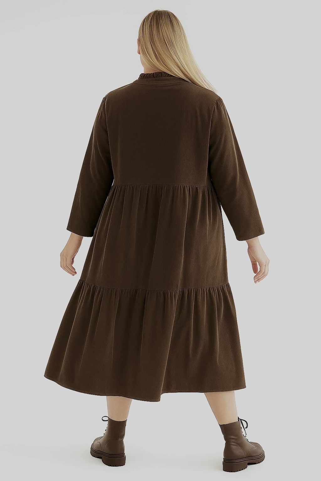 İtalyan Düğme Detaylı Kadife Elbise - KAHVERENGİ