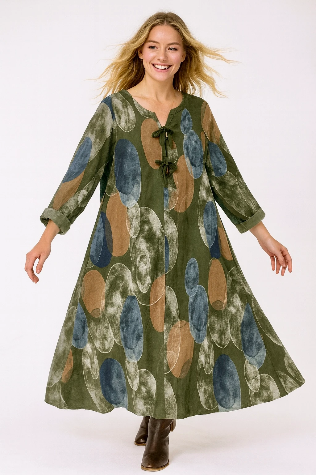 İtalyan Desenli İnce Fitilli Kadife Elbise - HAKİ