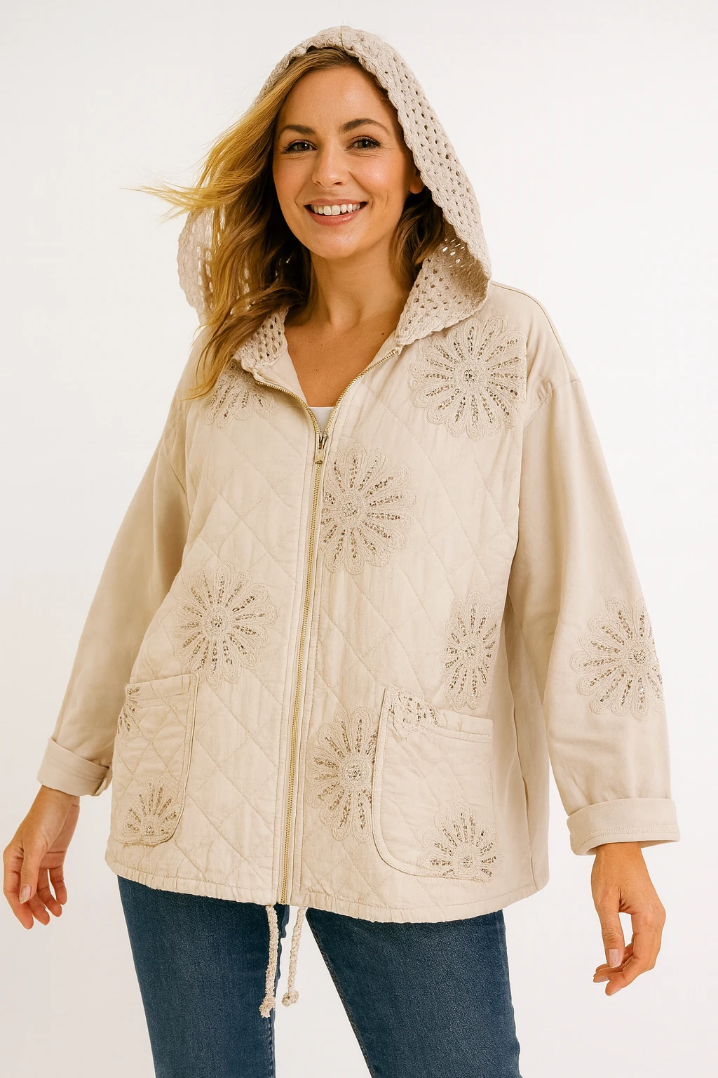 İtalyan Kapitone Nakış Detaylı Ceket - BEJ