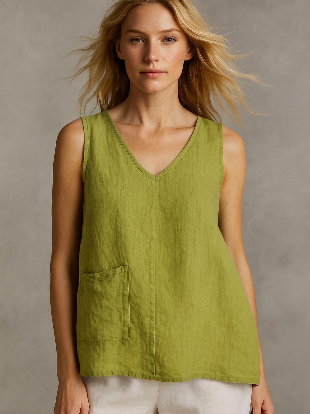 İtalyan Sırt Dantel Detaylı Keten Bluz - YAĞ YEŞİLİ