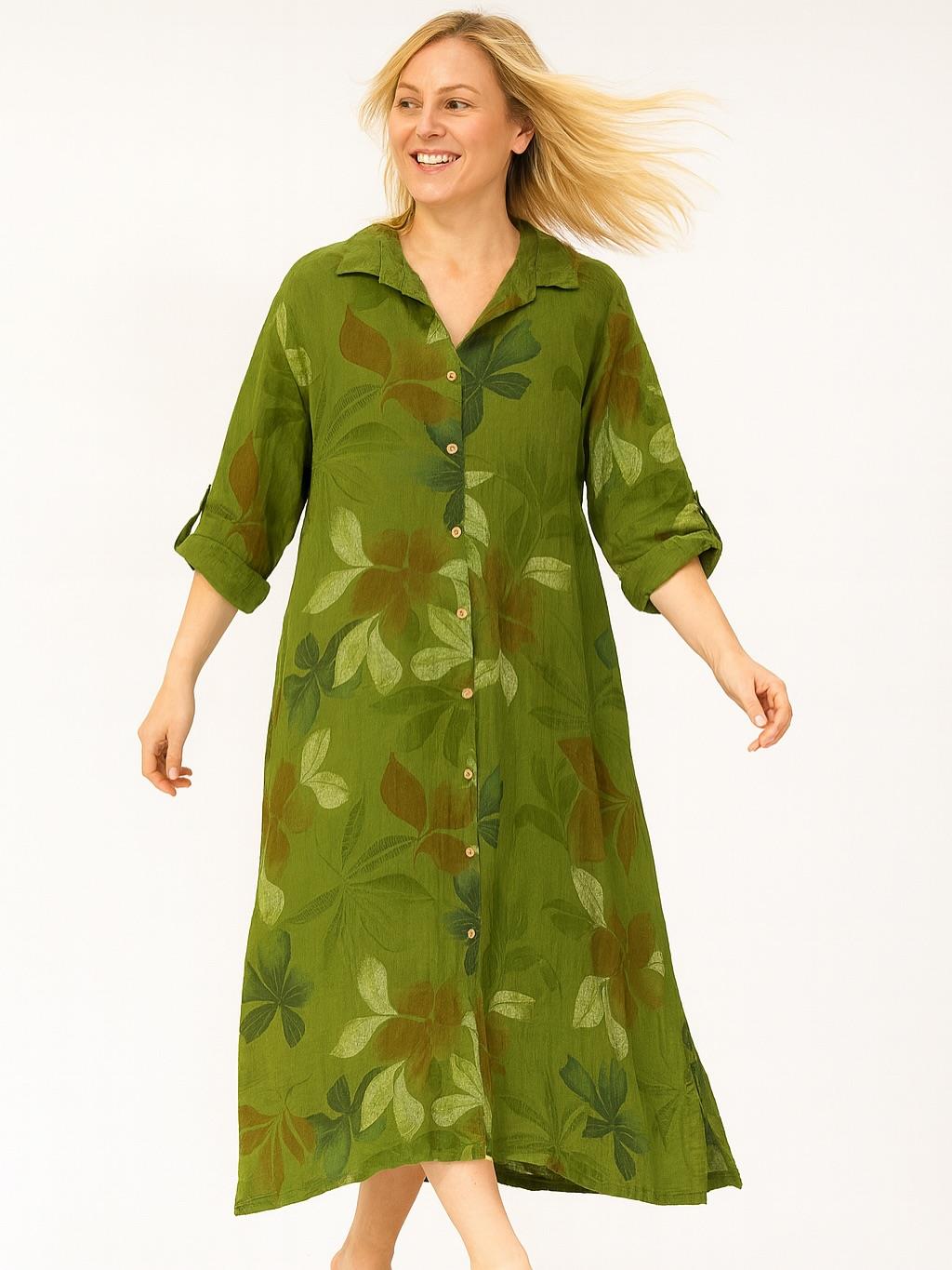 İtalyan Keten Yaprak Desenli Elbise - YEŞİL