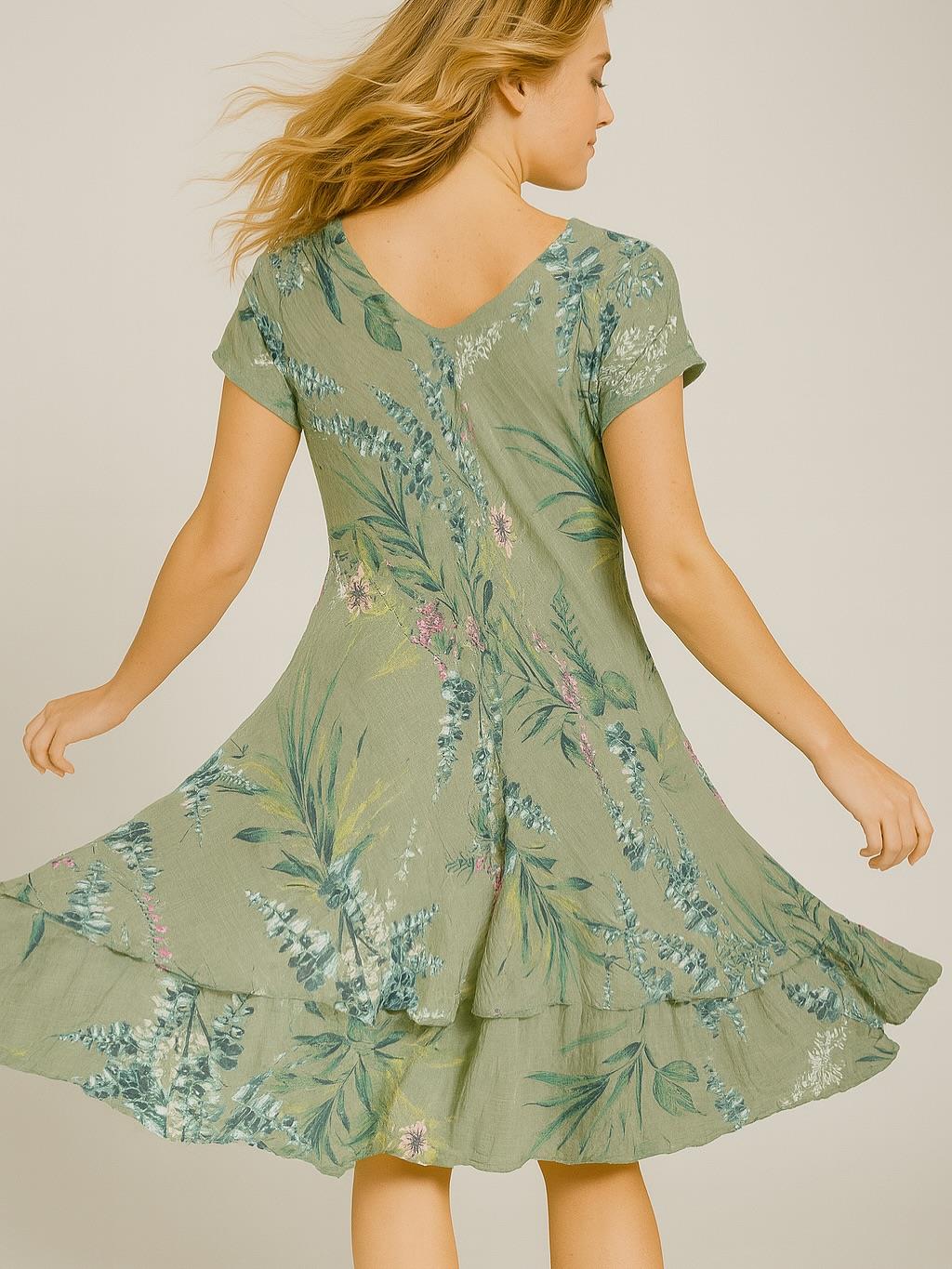 İtalyan Pamuk Keten Elbise - HAKİ