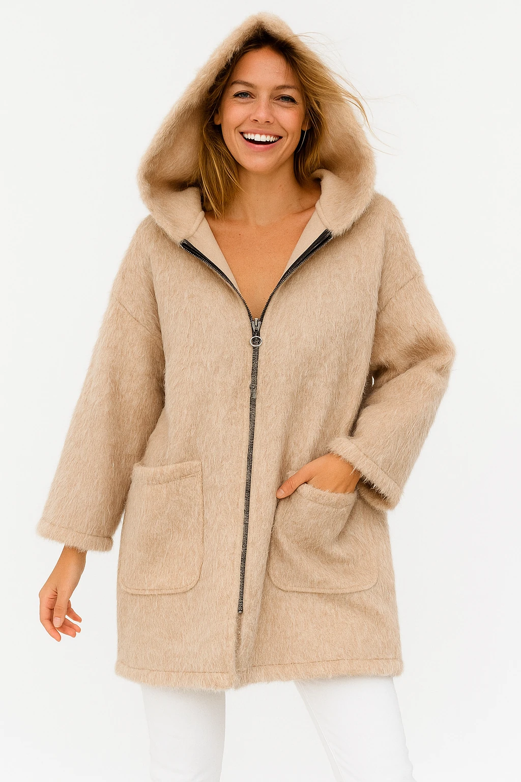 İtalyan Kapüşonlu Keçe Kaban - BEJ