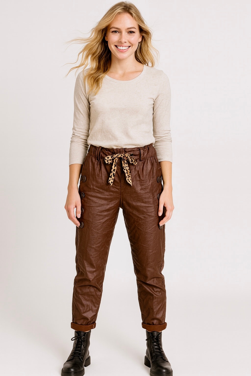 İtalyan Düğme Detaylı Deri Pantolon - KAHVERENGİ