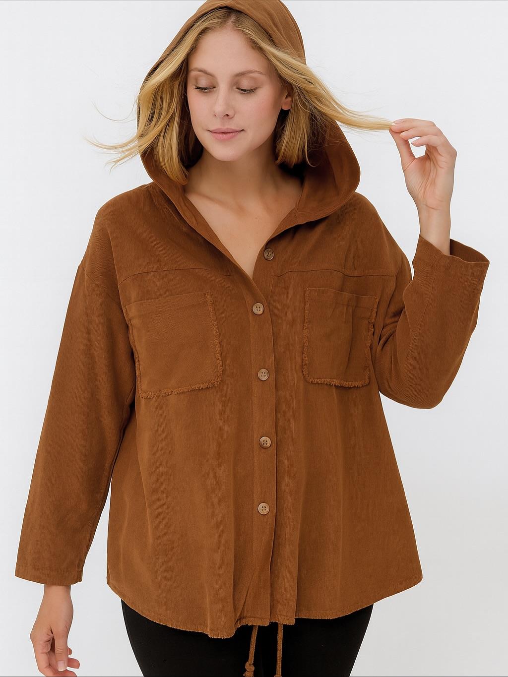 İtalyan Kadife Kapüşonlu Ceket - KAHVE