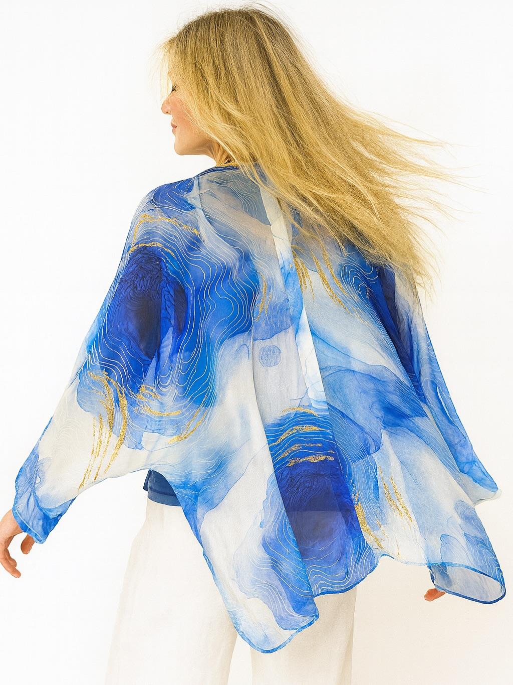 İtalyan Dalga Desen İpek Bluz - SAKS MAVİ