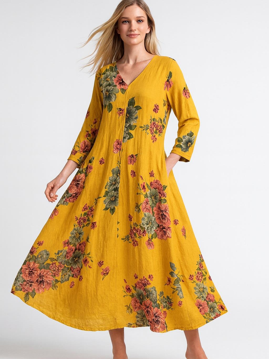 İtalyan Keten Çiçek Desenli Elbise - SARI