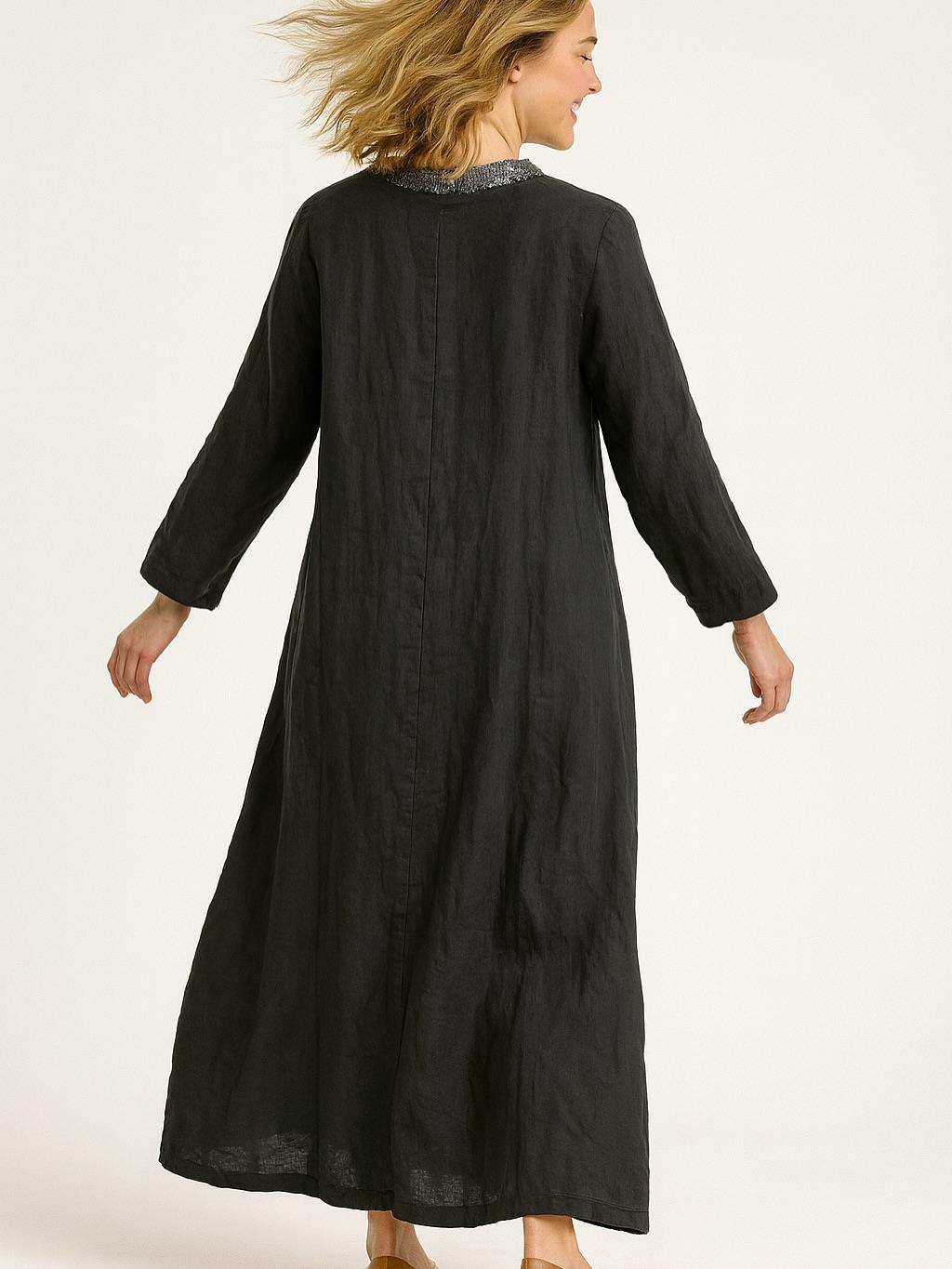 İtalyan Keten Pul Payet Detaylı Elbise - ANTRASİT