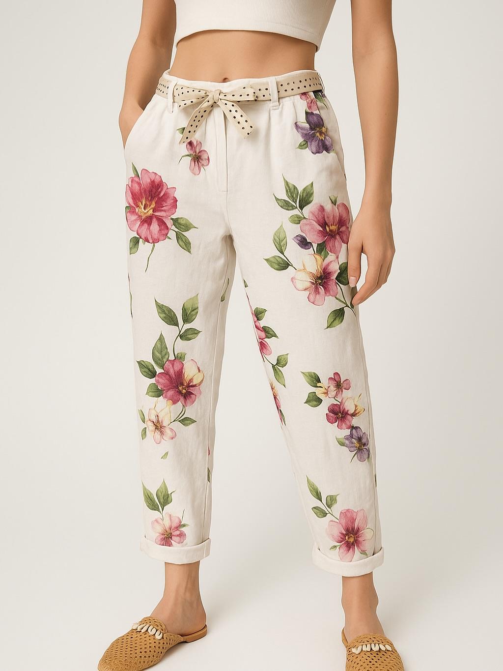İtalyan Çiçek Desenli Havuç Keten Pantolon - BEYAZ