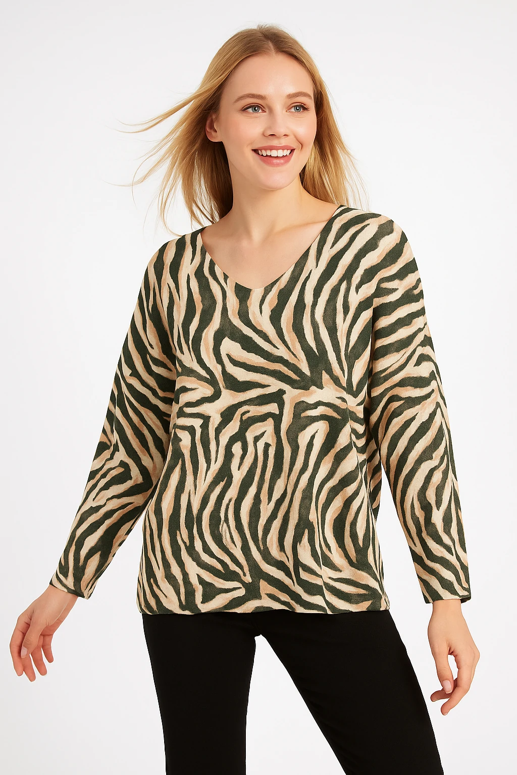 İtalyan Zebra Desen Triko Bluz - YEŞİL