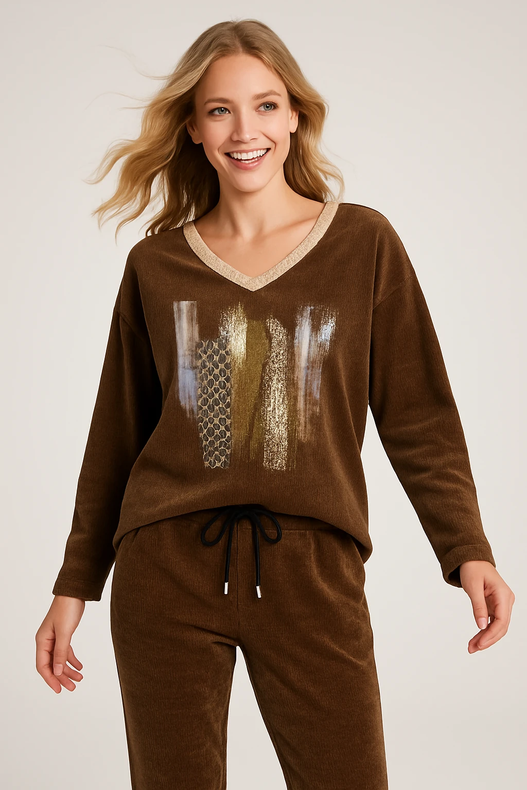 İtalyan V Yaka Kadife Takım - KAHVERENGİ