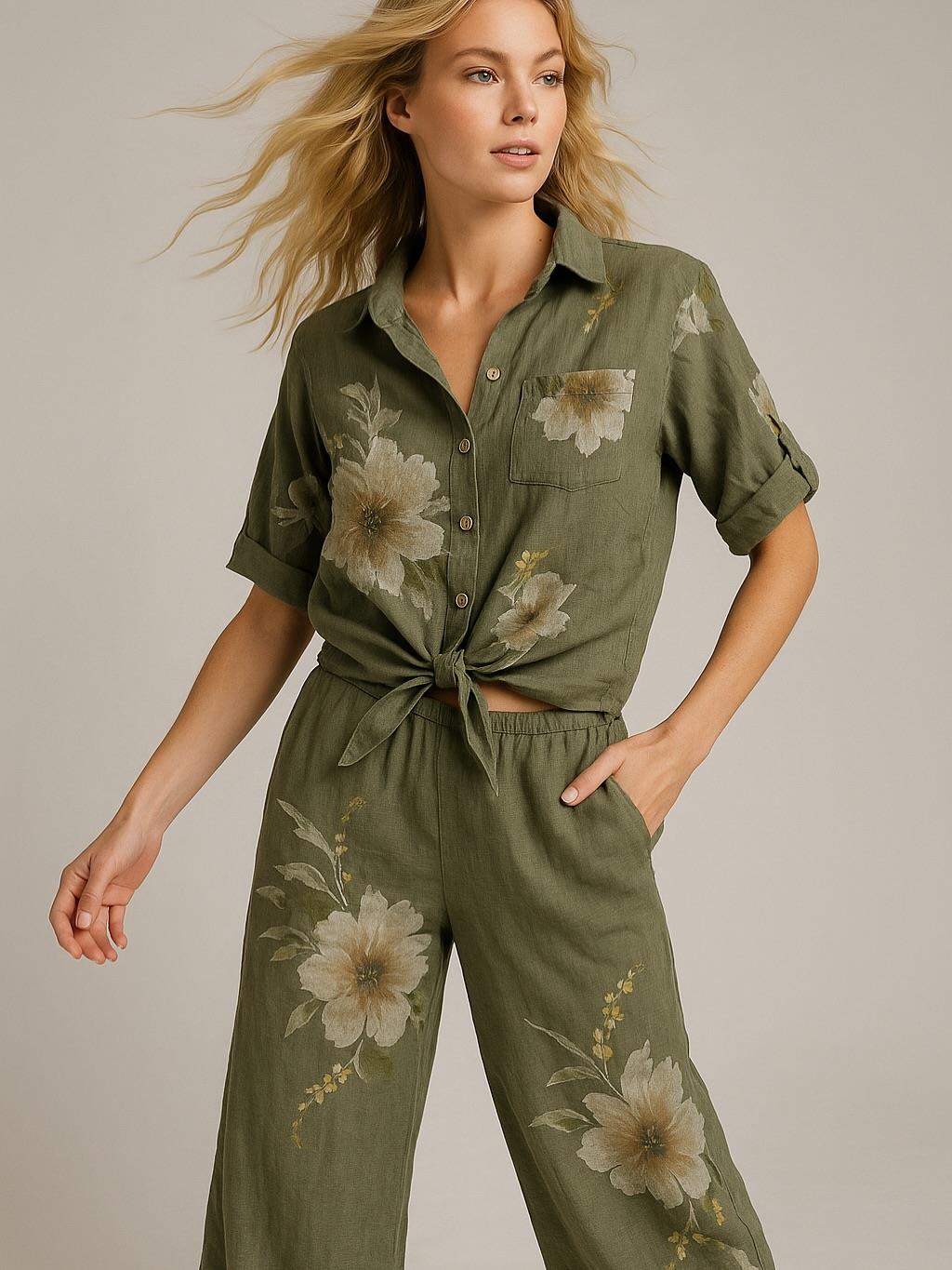 İtalyan Sırt Dantel Detaylı Keten Takım - HAKİ