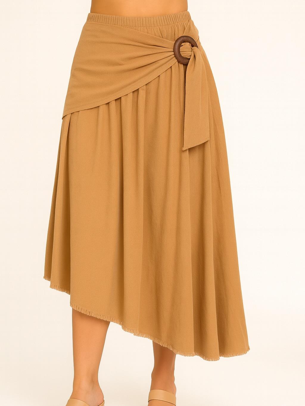 İtalyan Kadife Önden Bağlamalı Etek - VİZON