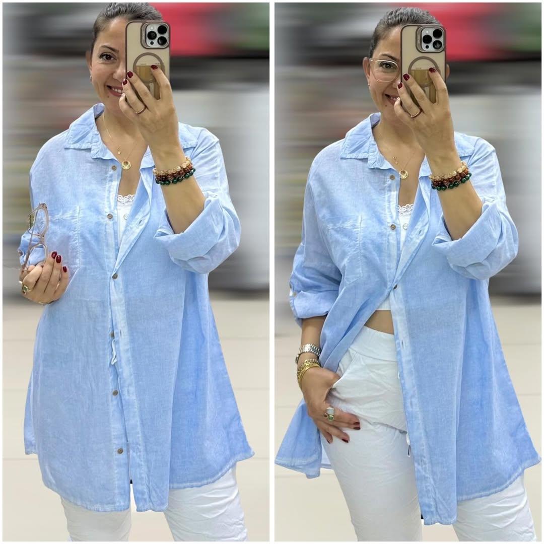 İtalyan Taşlanmış Pamuklu Coton Gömlek - MAVİ