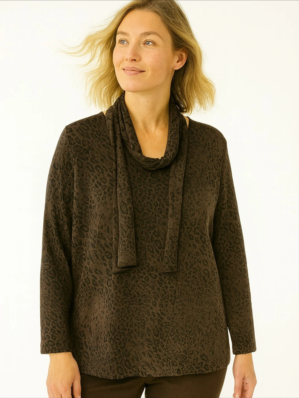 İtalyan Fularlı Likralı Triko Bluz - KAHVERENGİ