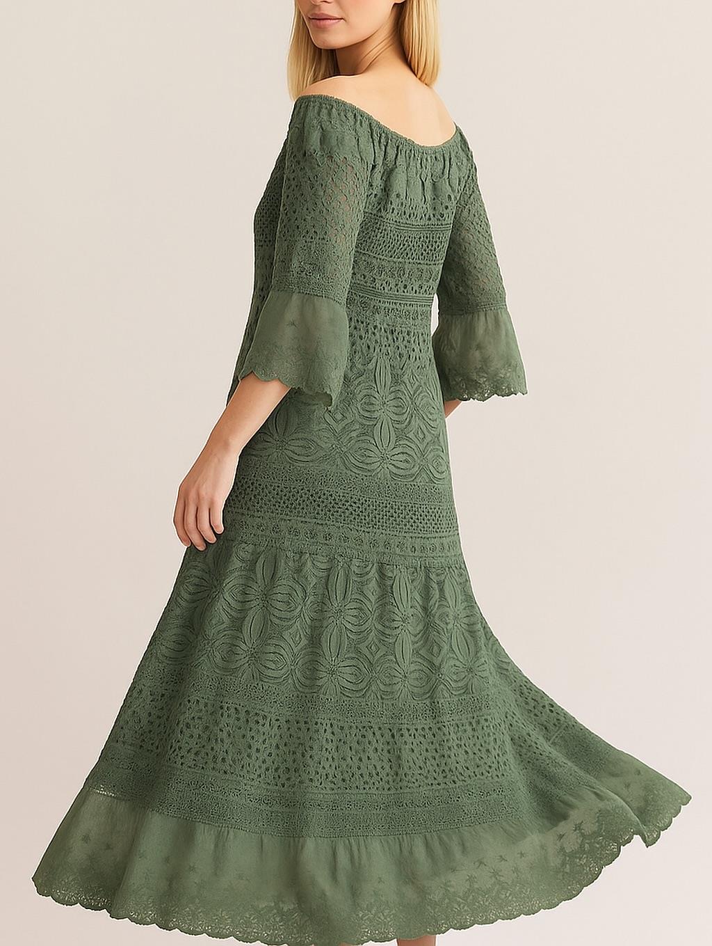 İtalyan Dantel Elbise - HAKİ