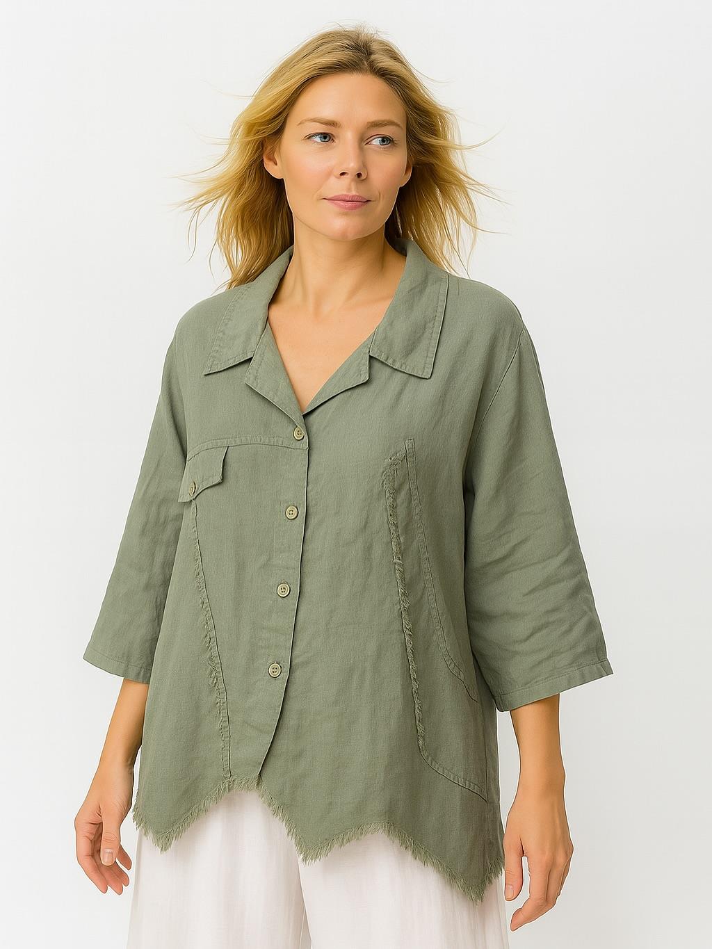 İtalyan Keten Tasarım Gömlek - HAKİ