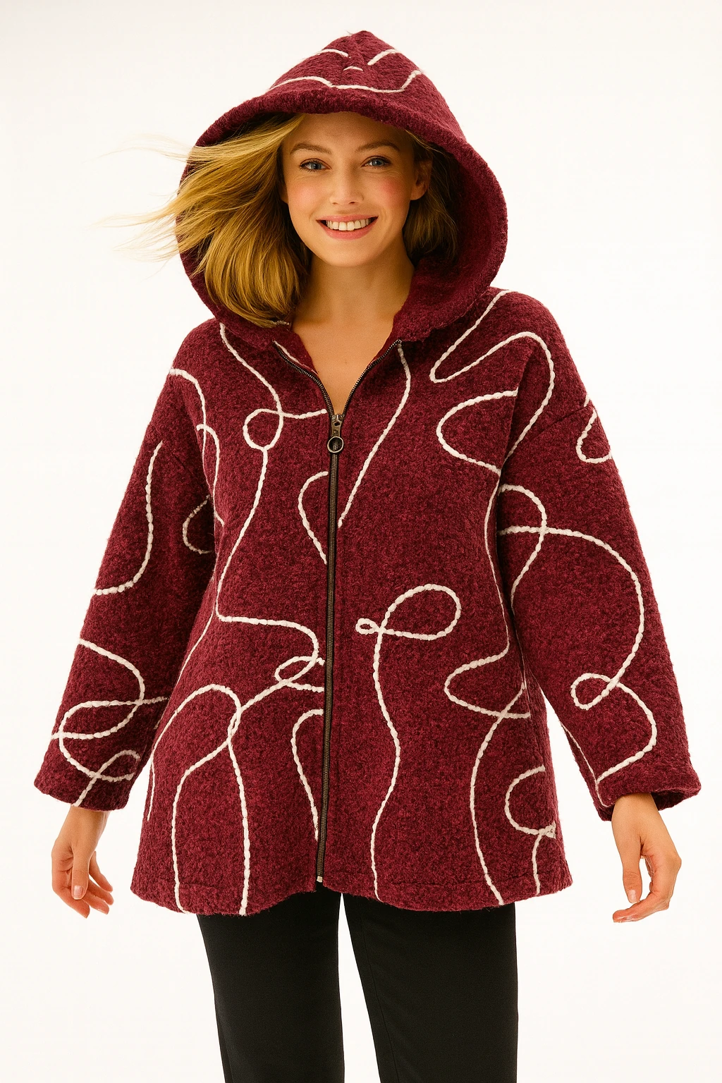 İtalyan Kapüşonlu Keçe Ceket - KIRMIZI