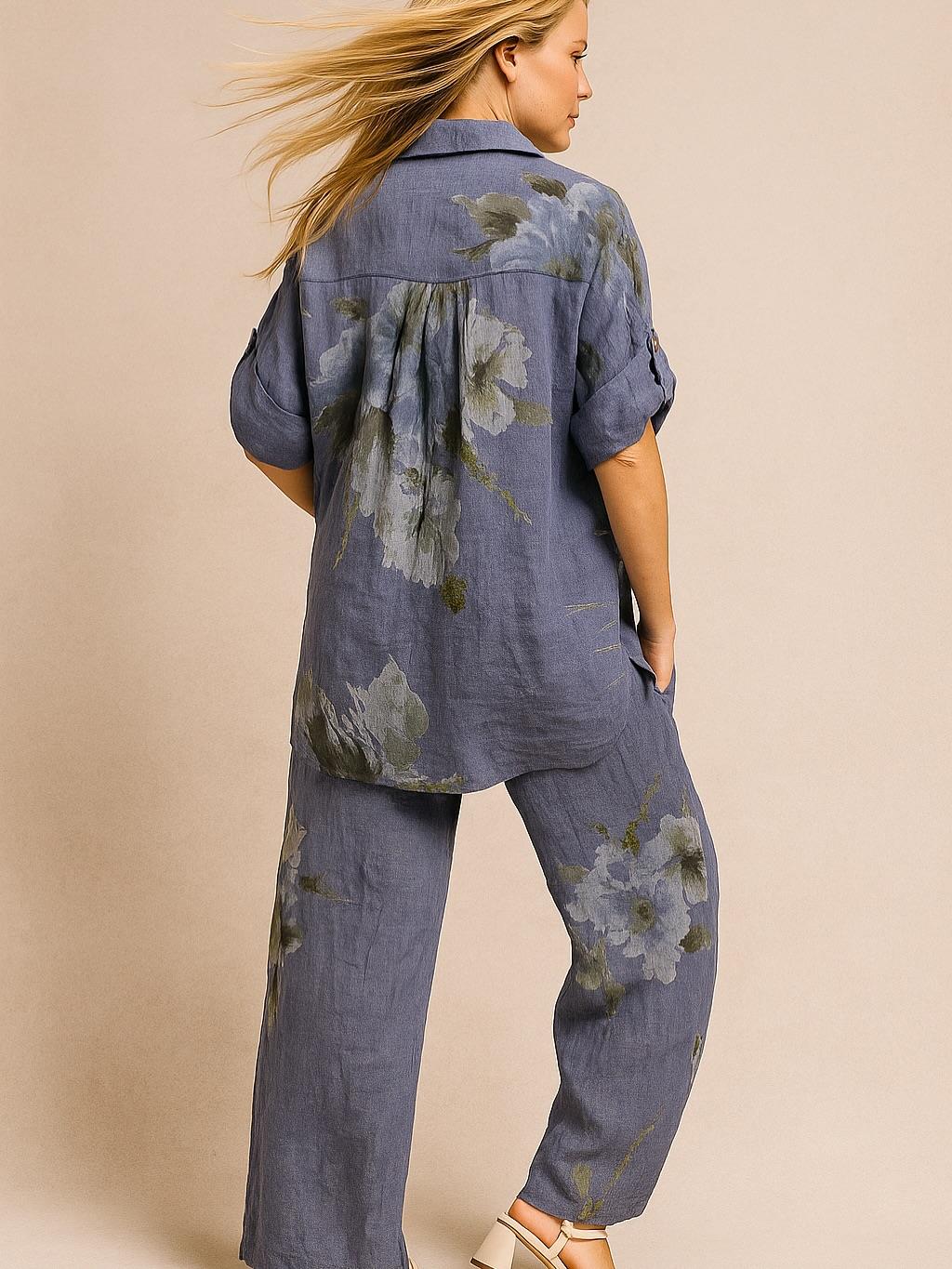 İtalyan Çiçek Desenli Keten Takım - MAVİ