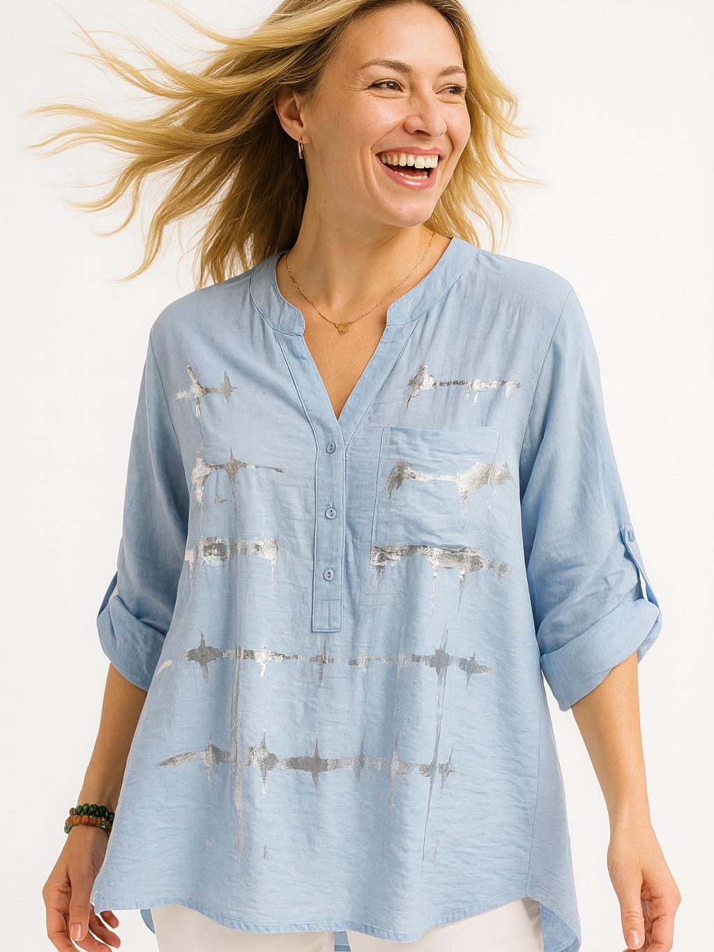 İtalyan Keten Varak Baskılı Bluz - MAVİ