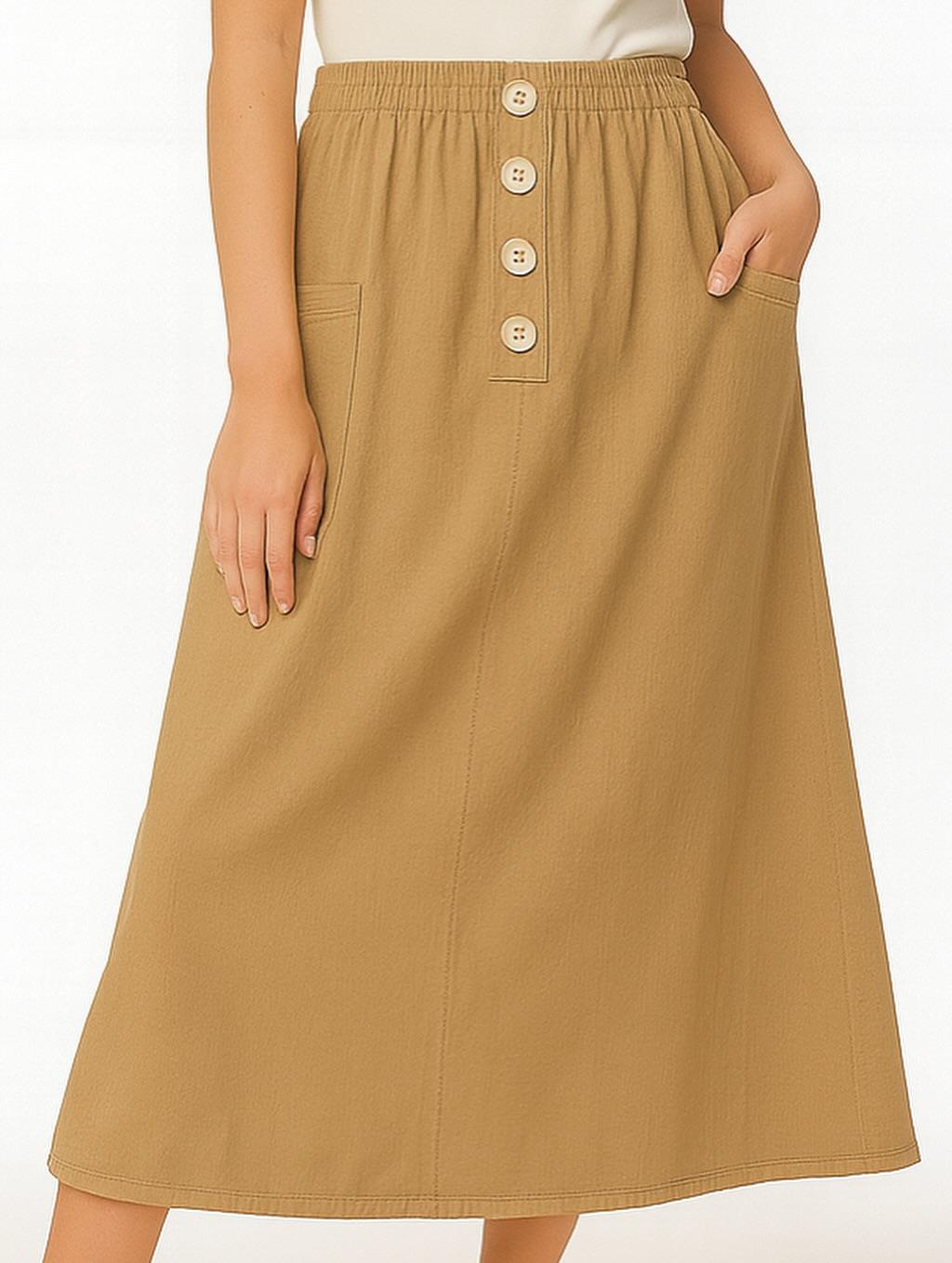 İtalyan Kadife Düğme Detaylı Etek - VİZON
