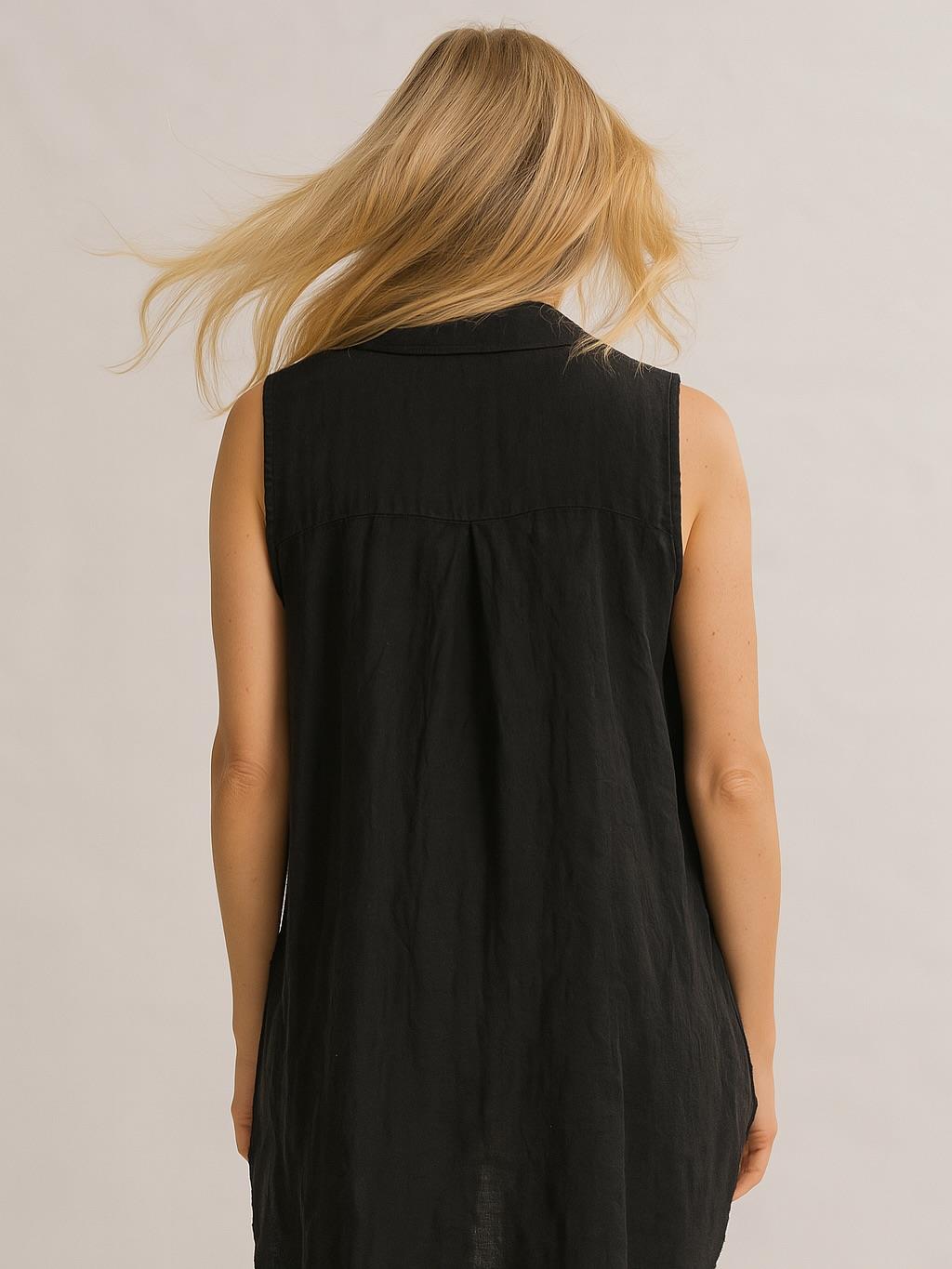 İtalyan Önden Bağlamalı Kolsuz Keten Gömlek - SİYAH