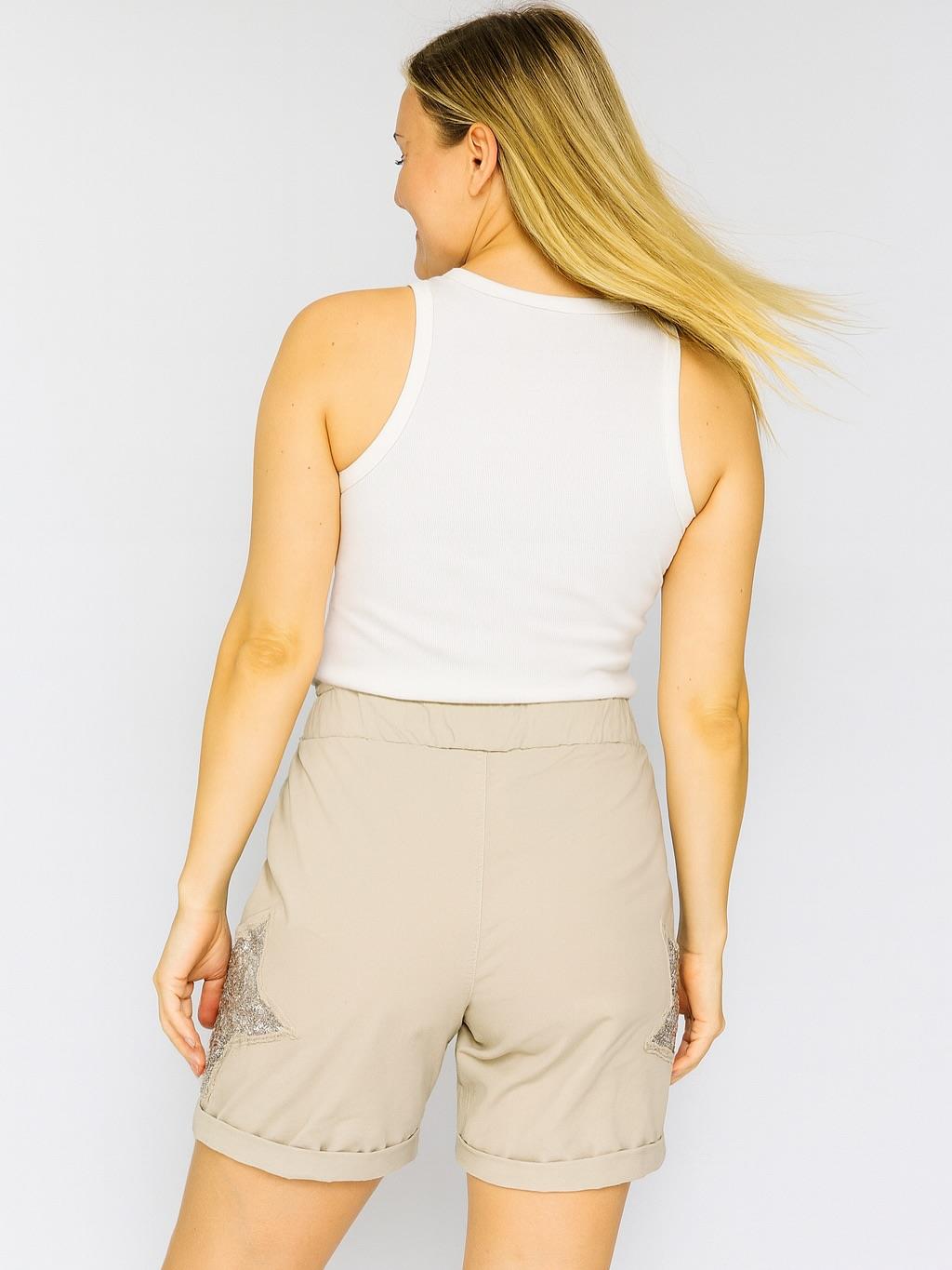 İtalyan Likralı Yıldız Detaylı Şort - BEJ