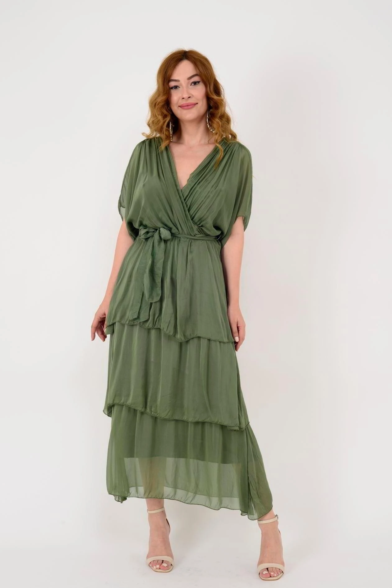 İtalyan İpek Belden Bağlamalı Elbise - HAKİ