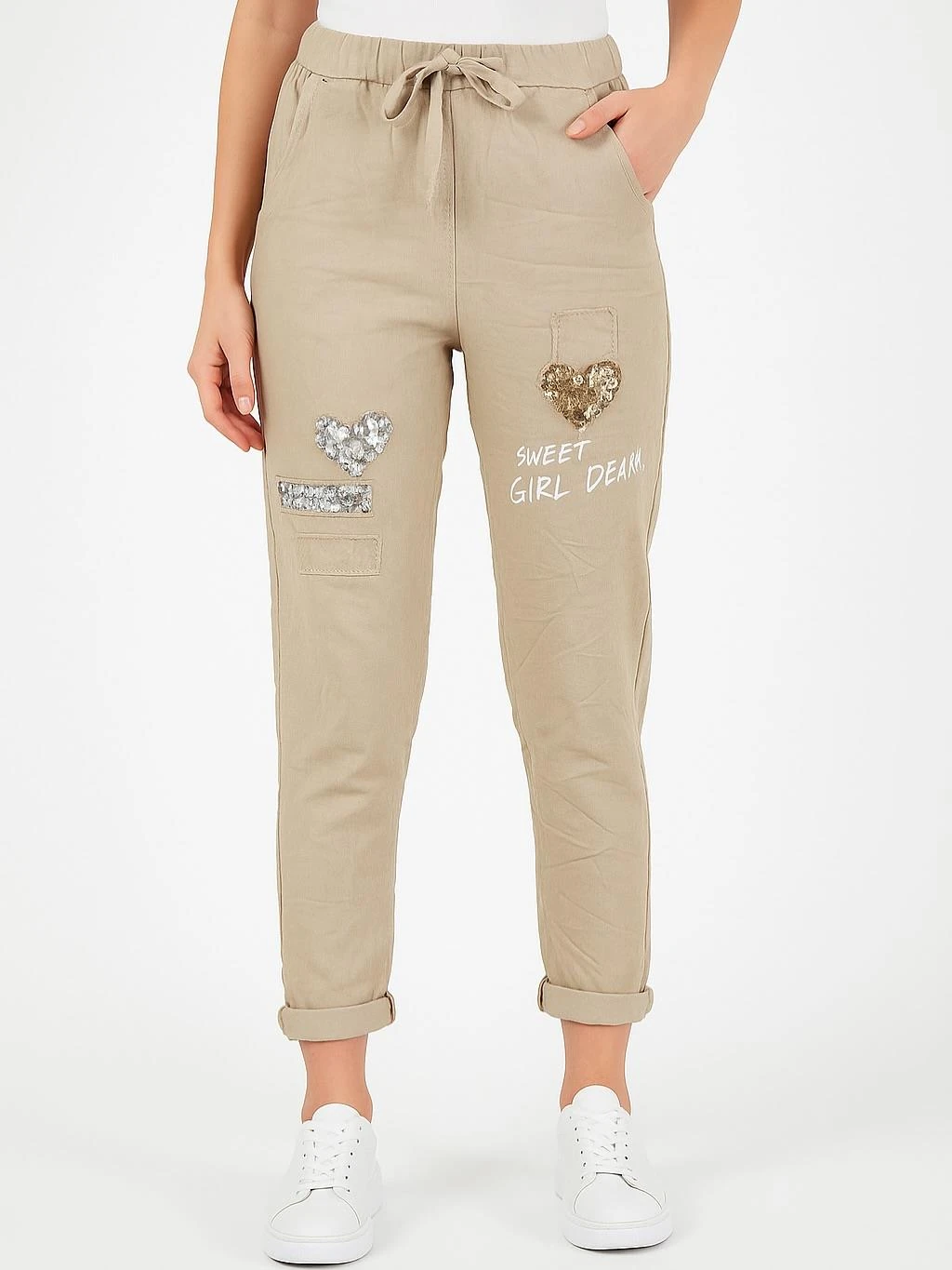 İtalyan Pul Payet Kalp Detaylı Likralı Pantolon - BEJ