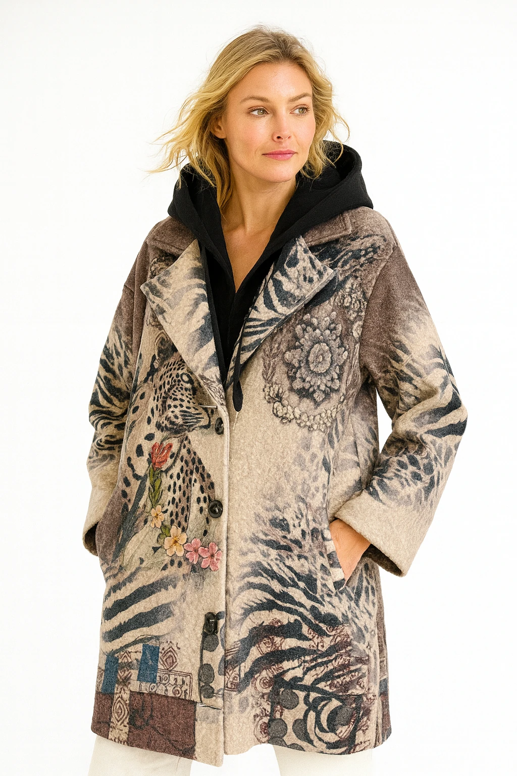 İtalyan Leopar Desenli Kapüşonlu Keçe Kaban - BEJ