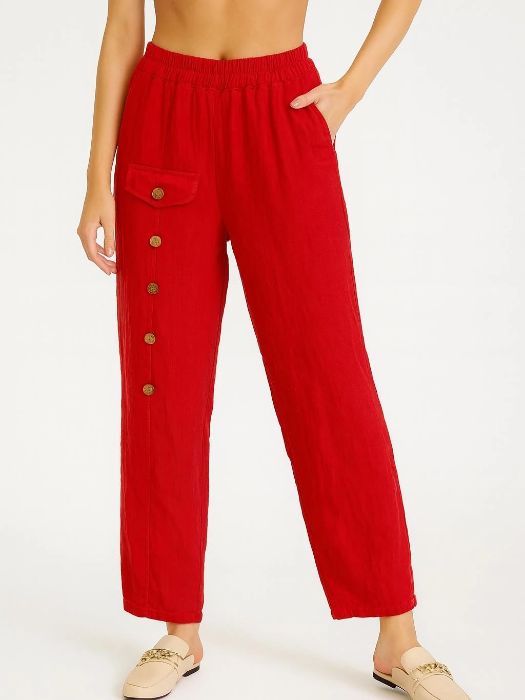 İtalyan Keten Düğme Detaylı Pantolon - KIRMIZI