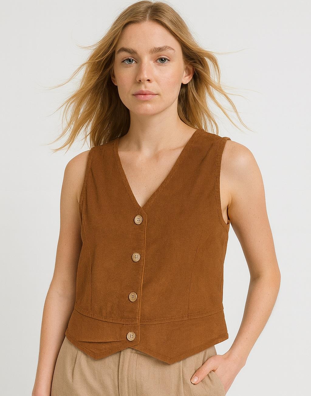 italyan Kısa Kadife Yelek - KAHVERENGİ