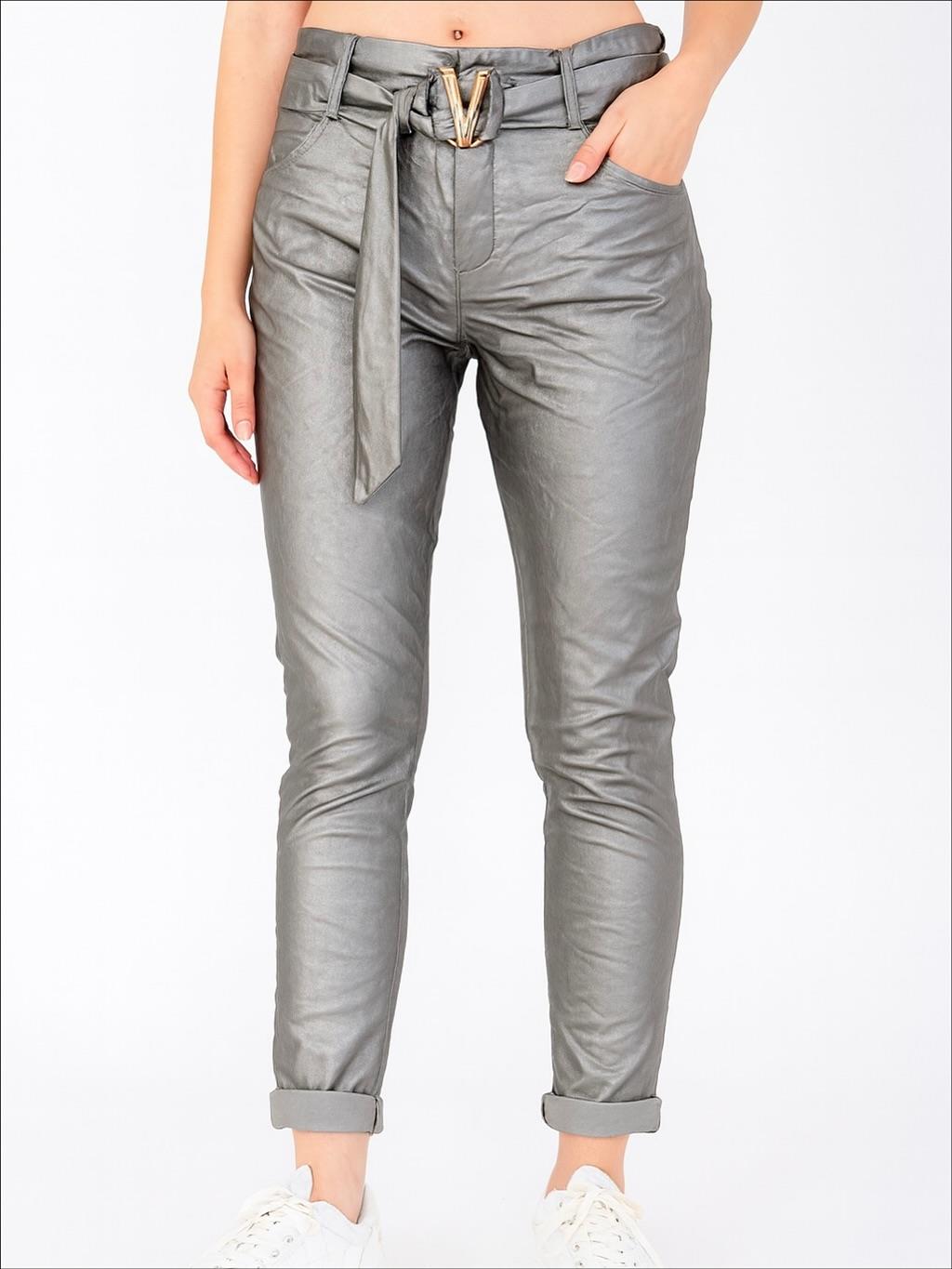 İtalyan Likralı Toka Detaylı Deri Pantolon - GÜMÜŞ