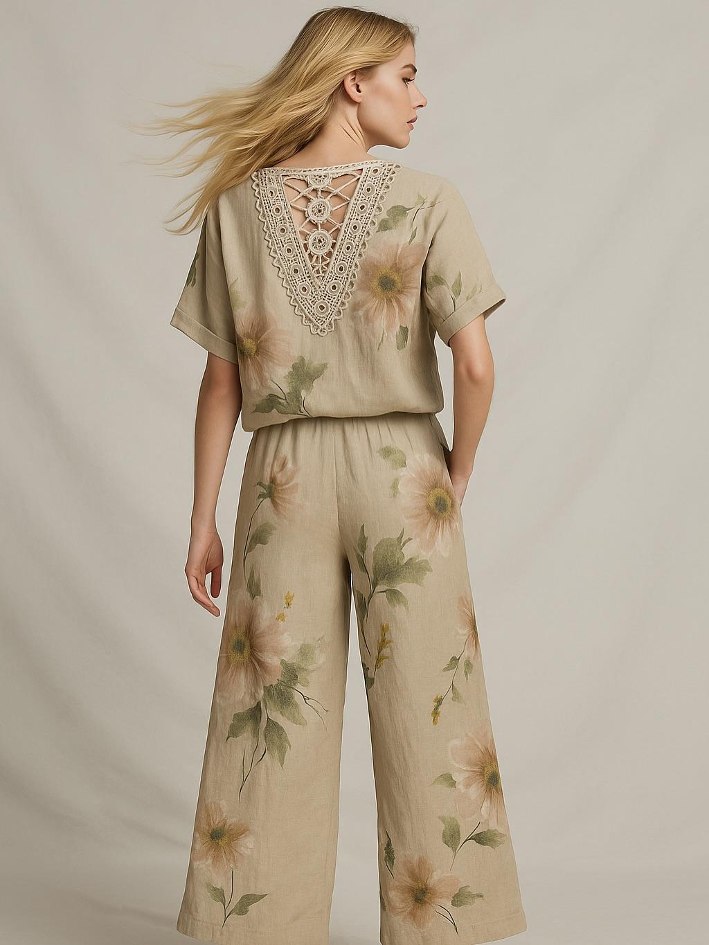 İtalyan Sırt Dantel Detaylı Keten Takım - BEJ