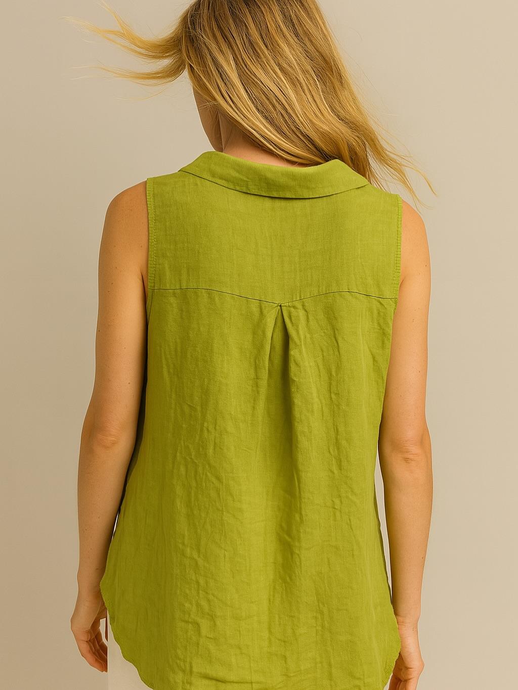 İtalyan Önden Bağlamalı Kolsuz Keten Gömlek - YAĞ YEŞİLİ