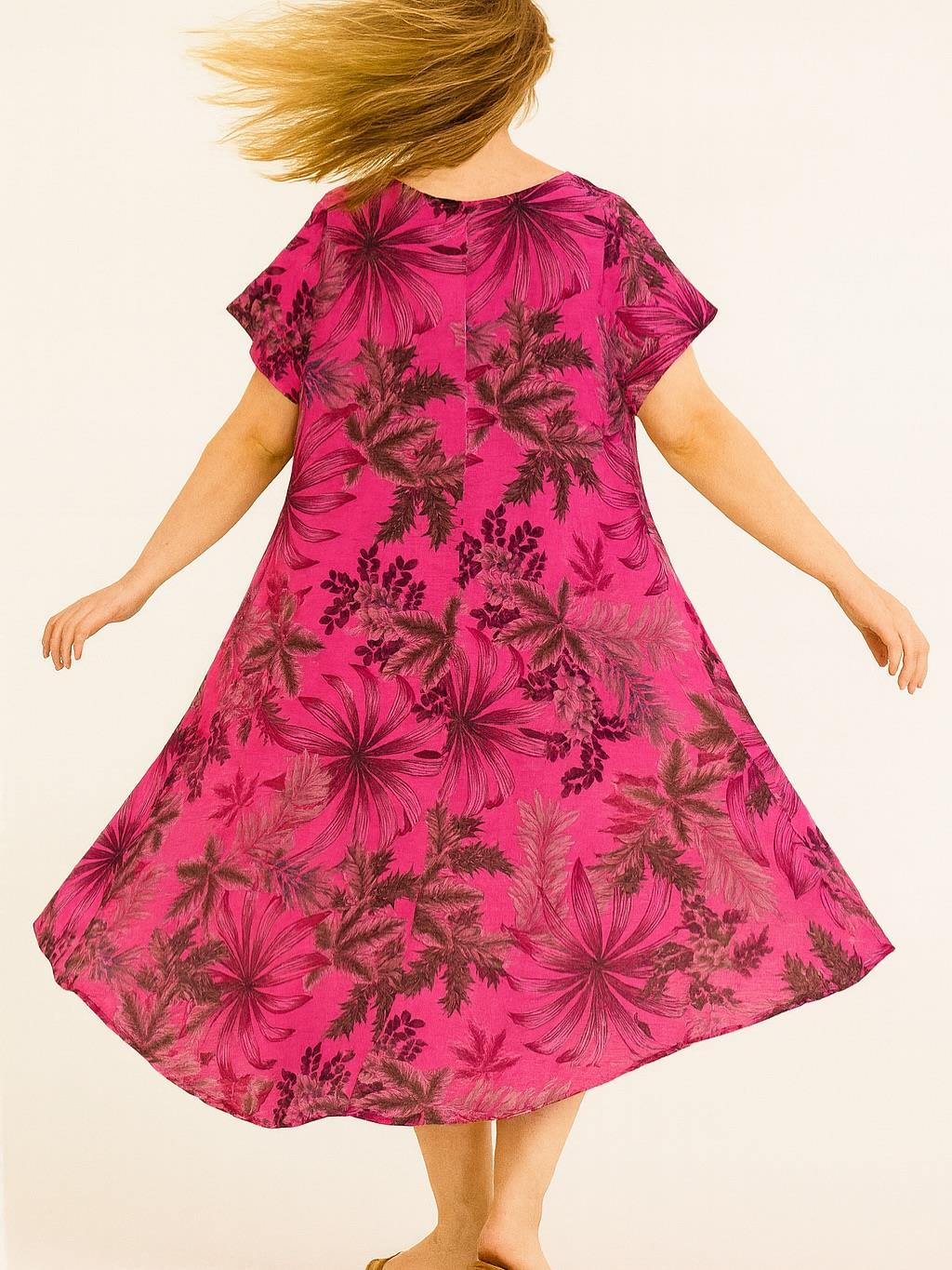 İtalyan Keten Yaprak Desen Elbise - FUŞYA