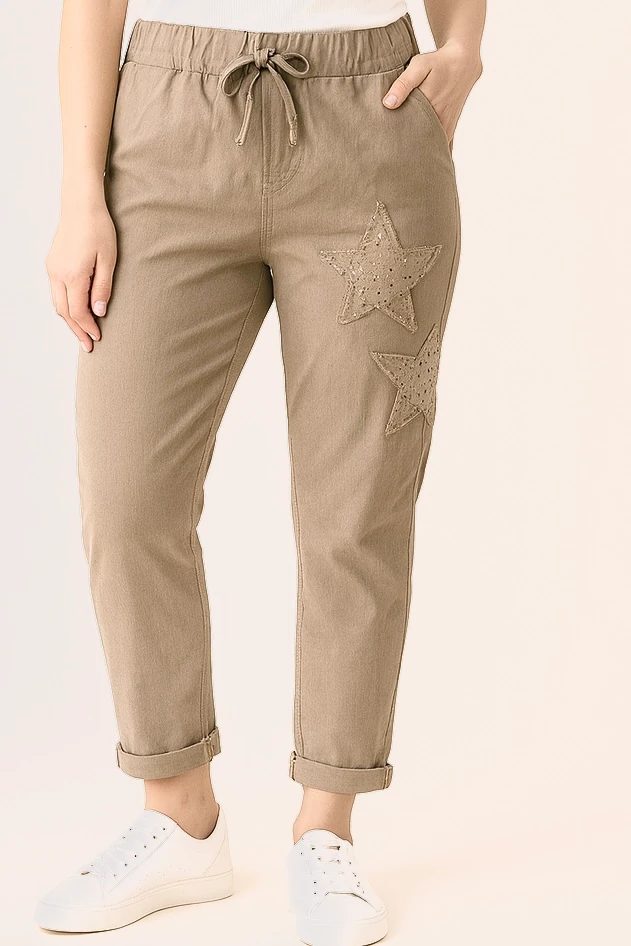İtalyan Yıldız Detaylı Likralı Pantolon - VİZON