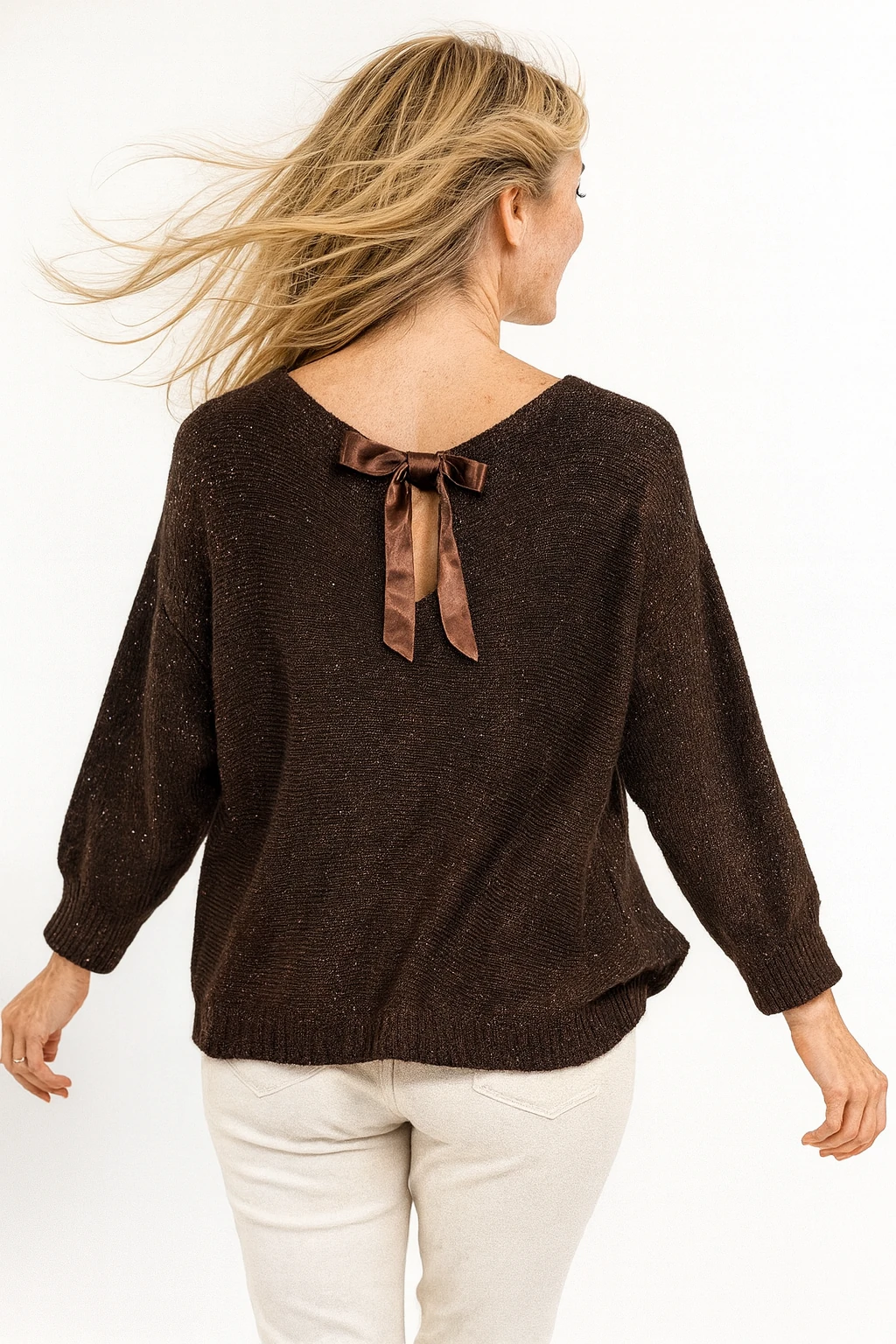 İtalyan Sırtı Kurdele Detaylı Triko Kazak - KAHVERENGİ