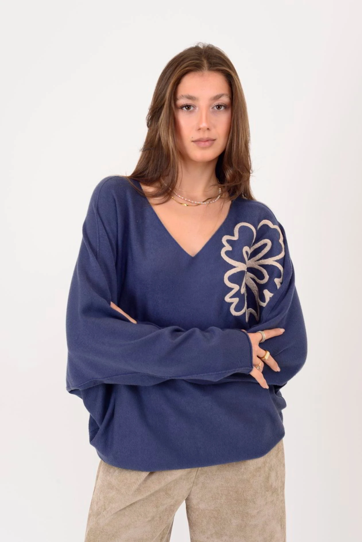 İtalyan V Yaka Desenli Kazak - MAVİ