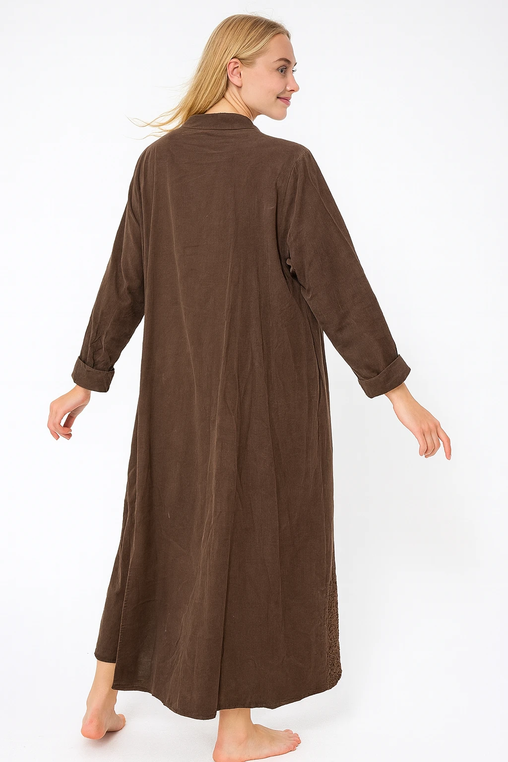 İtalyan Dantel Detaylı İnce Fitilli Kadife Elbise - KAHVERENGİ