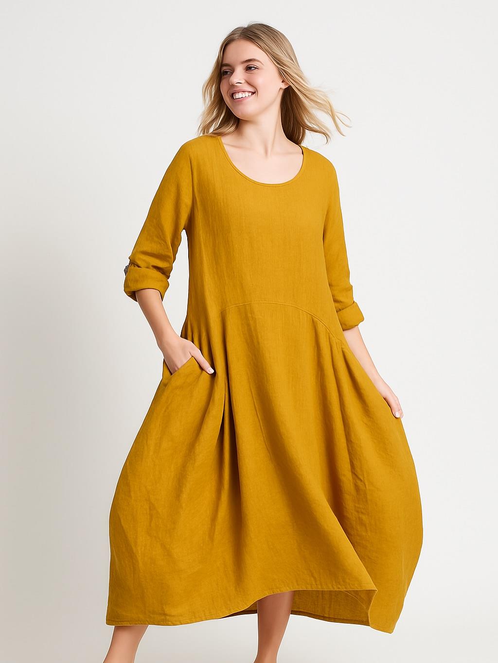 İtalyan Keten Cep Detaylı Elbise - HARDAL