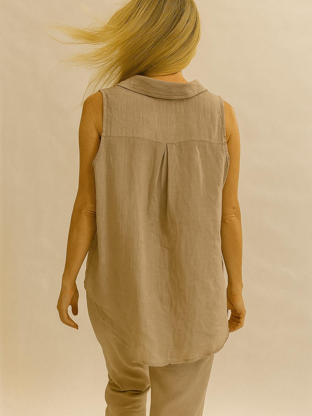 İtalyan Önden Bağlamalı Kolsuz Keten Gömlek - BEJ