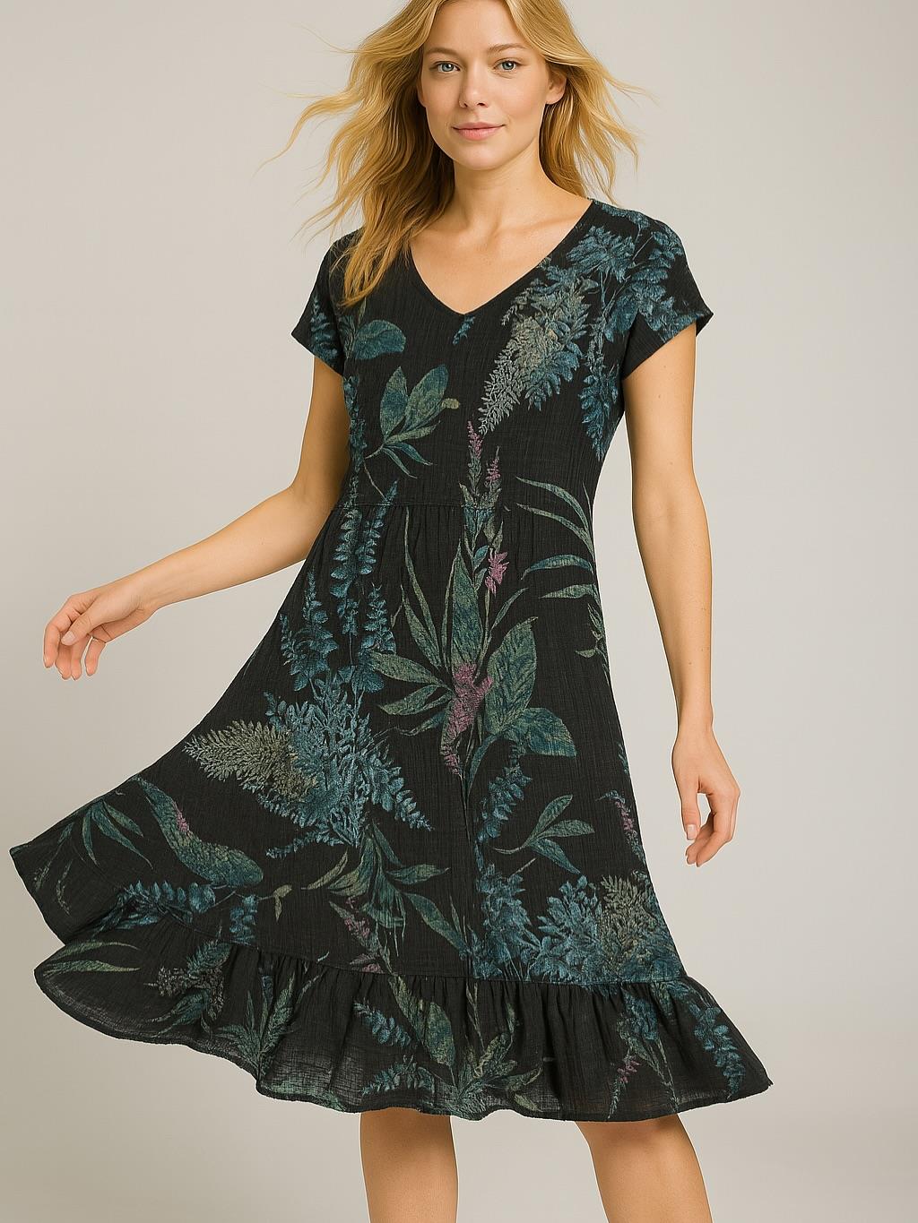 İtalyan Pamuk Keten Elbise - SİYAH